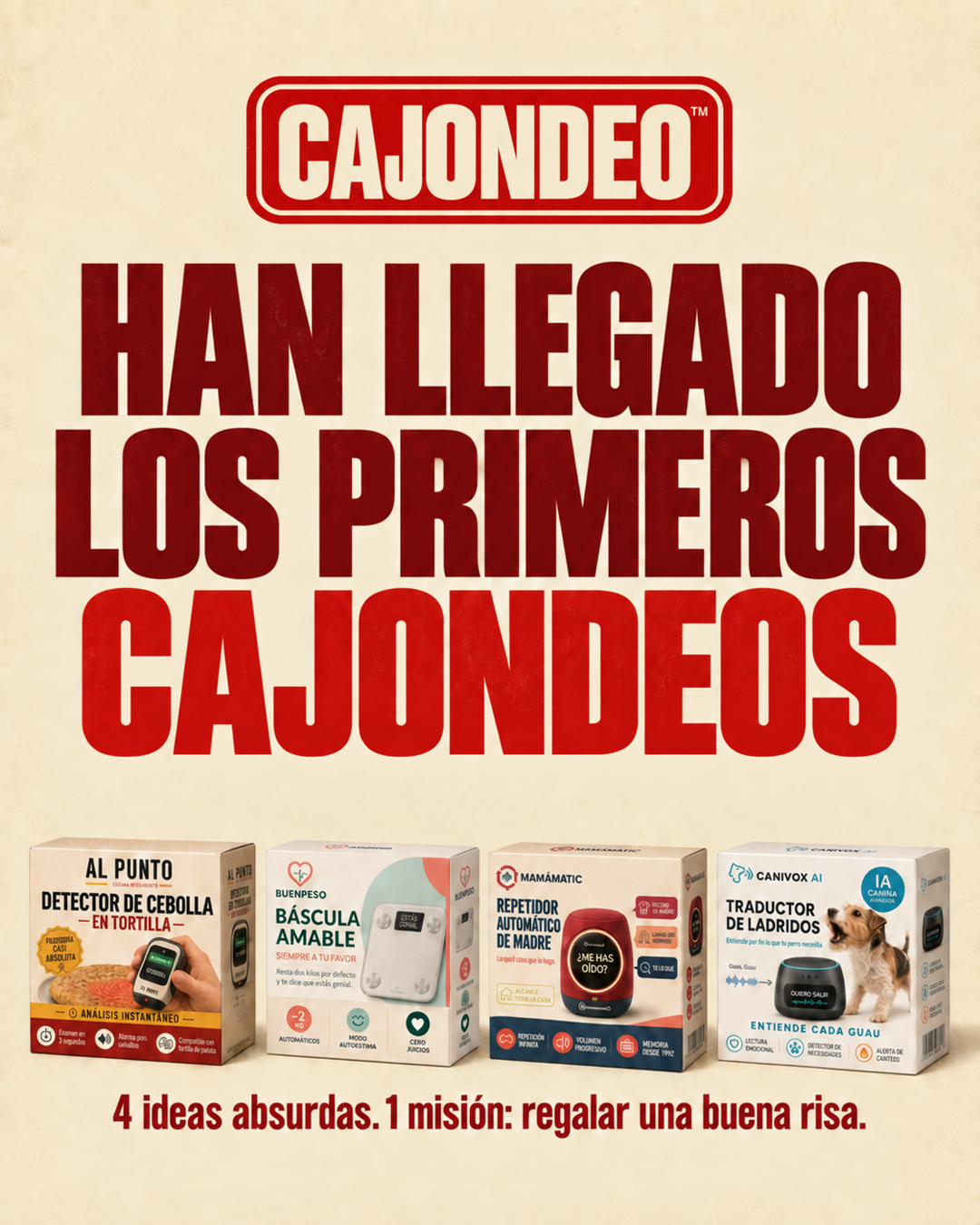 Cajondeo brand announcement featuring four fictional product boxes